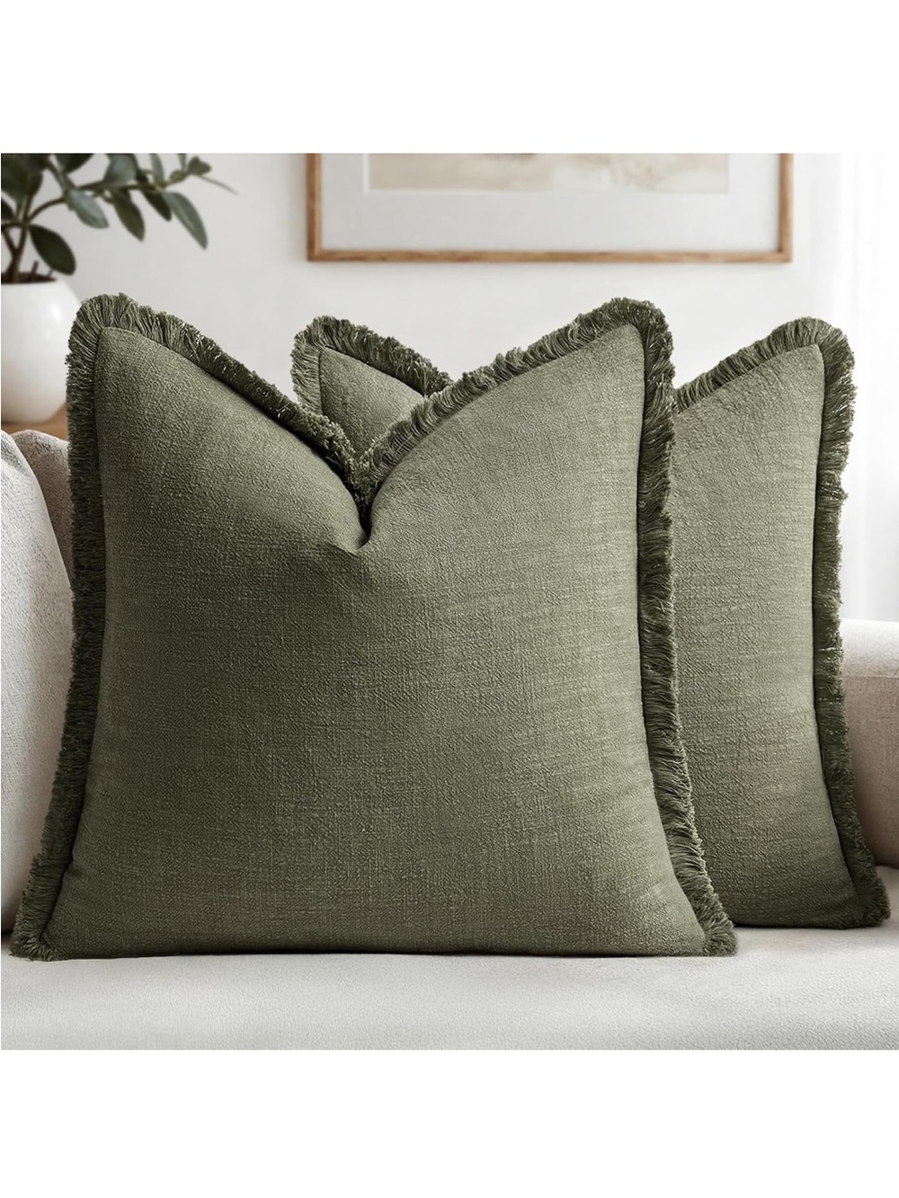 NEW MIULEE Linen Fringe Decorative Euro Throw Pillow Covers Olive Green 24”x24”
